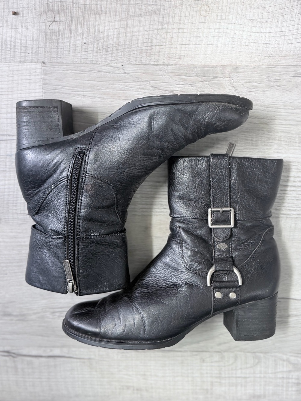 Harley-Davidson Black Leather Ankle Moto Boots Buckle Harness Heel Women’s 8.5